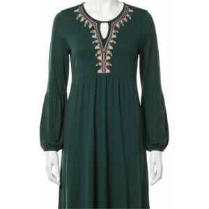 GNW Dress Size S Green Embroidered Long Sleeves Lightweight Bohemian Boho Midi